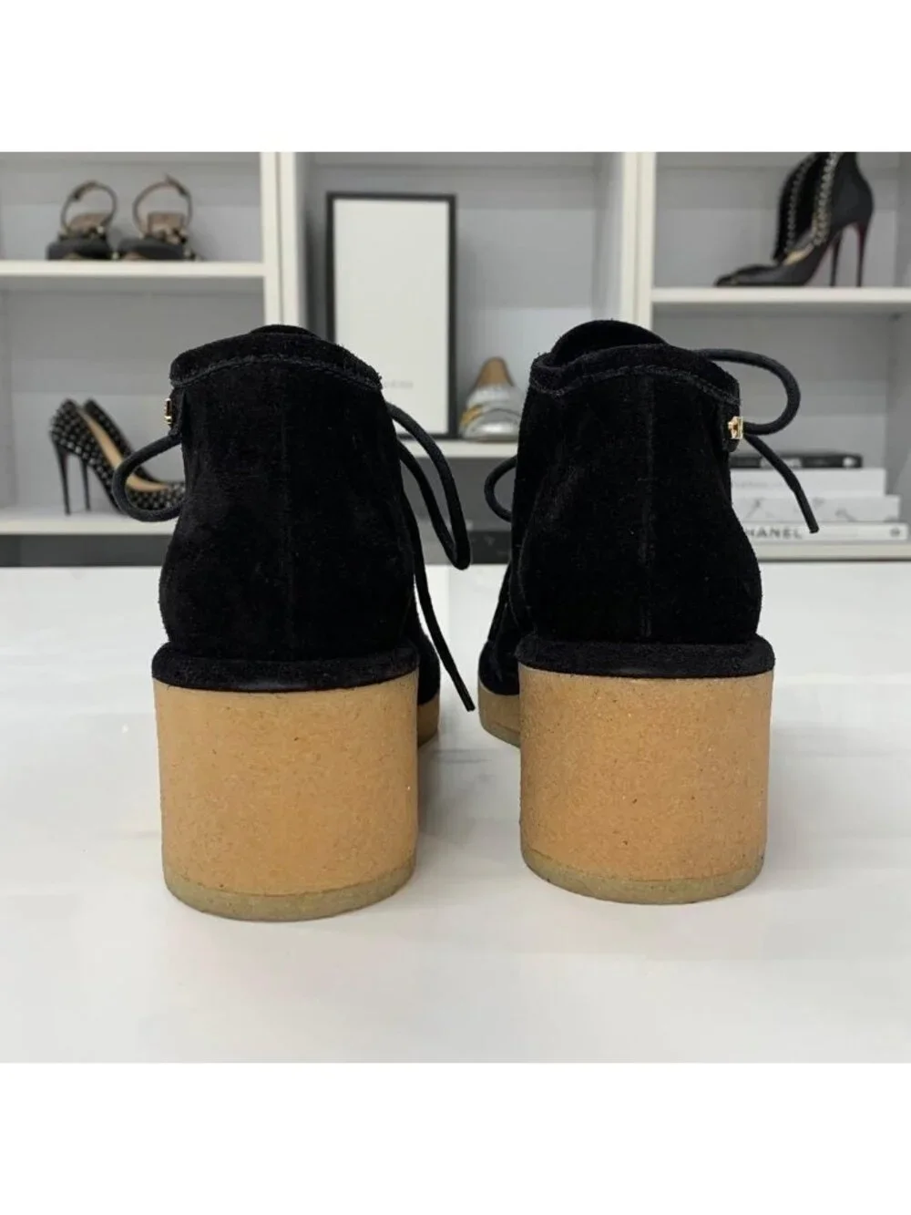Chanel Suede Logo Wedge Sole Lace-up Shoes Black